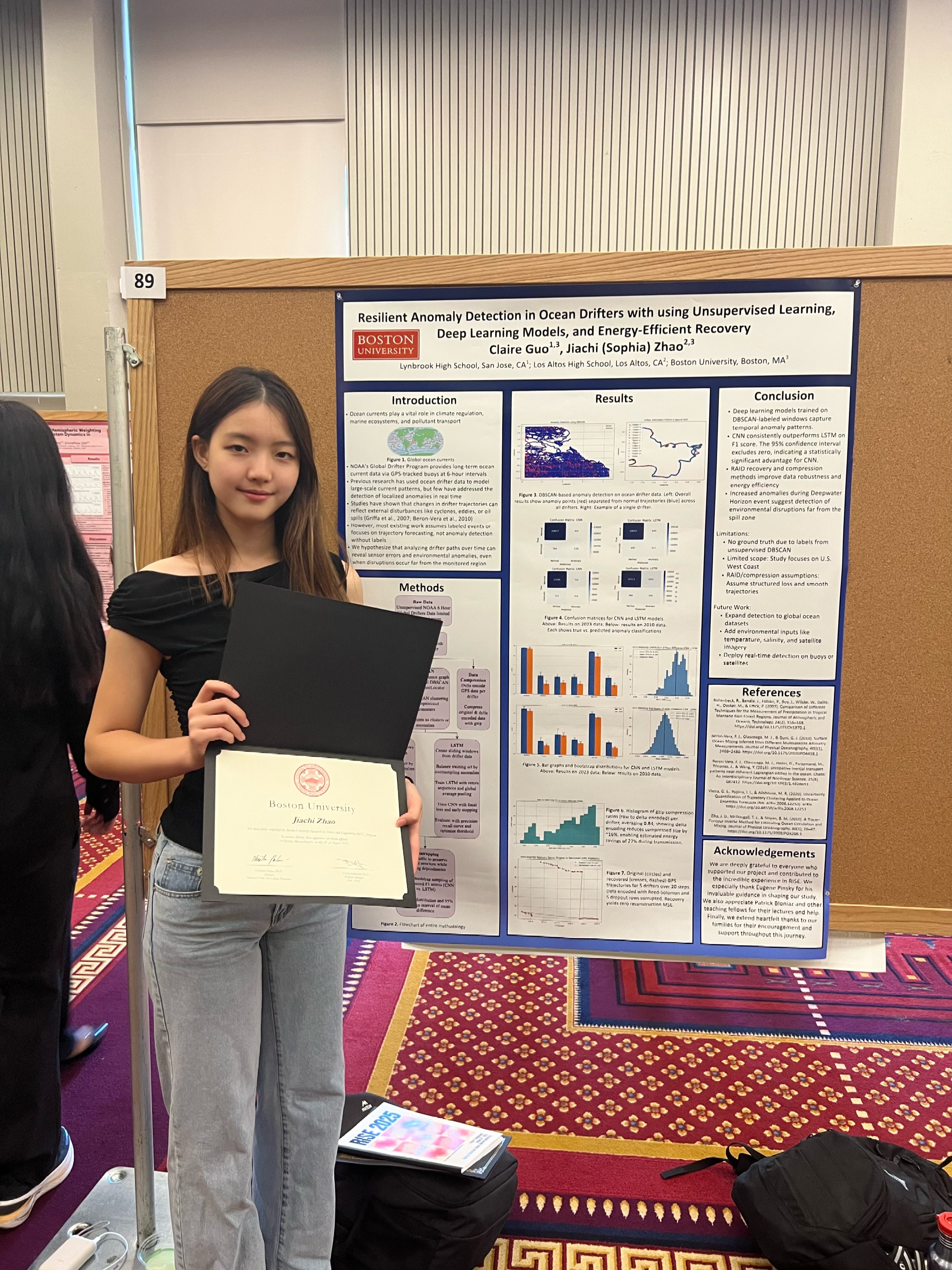 Sophia presenting her RISE ocean drifter research poster at BU RISE